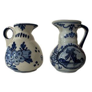 Hand Painted Blue White Windmill Mini Pitchers 3” Tall Set of 2 Vintage